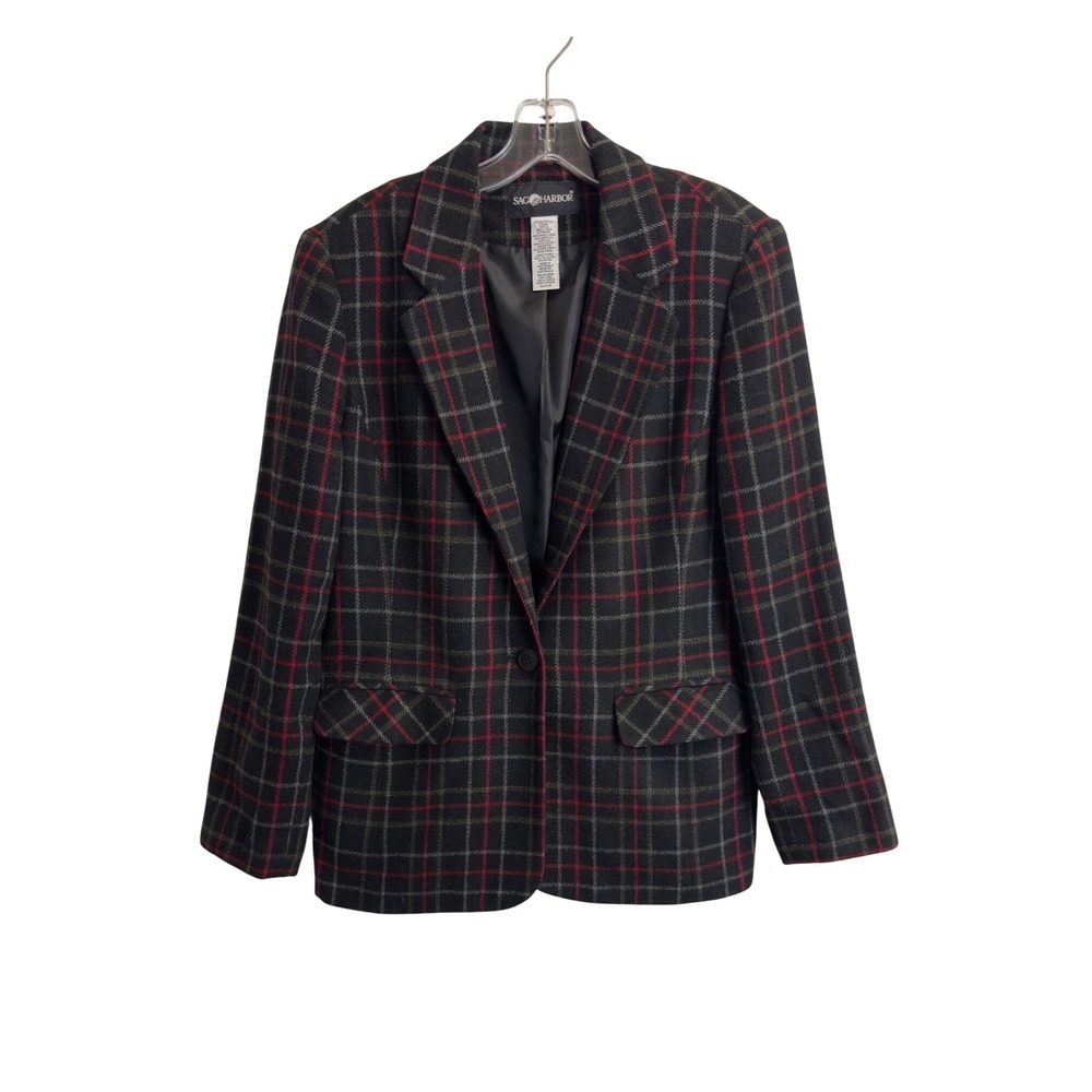 Sag Harbor Womens Vintage Wool Blend Plaid Blazer Jacket Black Red Size 8